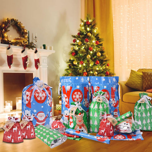 Christmas Gift Bags Assorted Sizes, 22pcs Drawstrings Reusable Plastic Holiday Gift Bags for Presents Wrapping