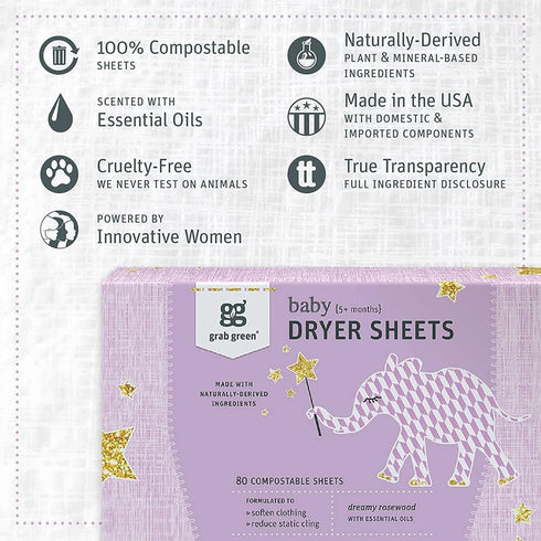 Grab Green Baby Laundry Detergent Pods & Dryer Sheets Bundle, 50 Pods & 80 Sheets, Dreamy Rosewood Scent