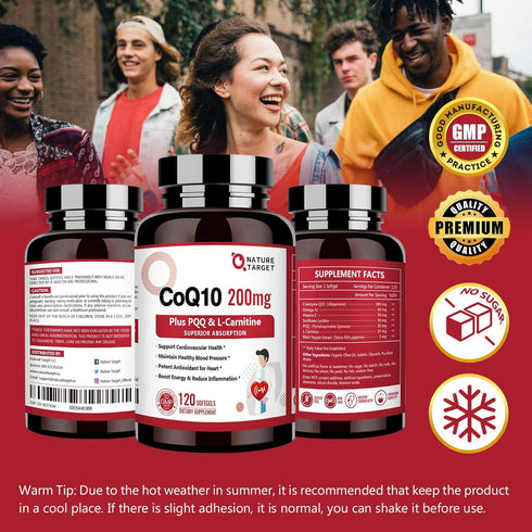 NATURE TARGET CoQ10-200mg with PQQ, L-Carnitine & Omega-3s - High Absorption Coenzyme-Q10, Supports Heart & Immune