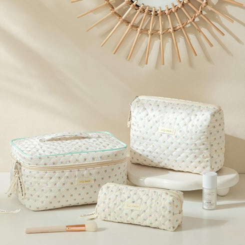 HBselect 3 PCS Quilted Makeup Bag, Large Travel Cotton Cosmetic Bag, Cute Floral Toiletry Bag for Women Girls