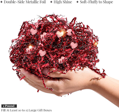 PAPER FAIR 1 LB Valentine's Day Crinkle Cut Paper with Rose Gold Heart Confetti, Metallic Red Paper Shred Filler
