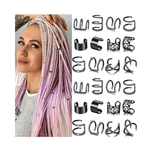 NAISKA 24PCS Black Hair Jewelry for Braids, Crystal Rhinestone Loc Dreadlock Accessories, Non-Piercing Ear Cuffs
