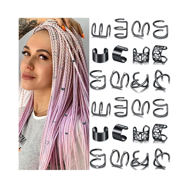 NAISKA 24PCS Black Hair Jewelry for Braids, Crystal Rhinestone Loc Dreadlock Accessories, Non-Piercing Ear Cuffs