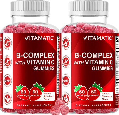 Vitamatic Natural Strawberry Flavor Vitamin B Complex Gummies with Vitamin C & Inositol - 60 Gummies (2 Bottles)