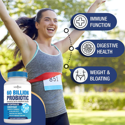 NEW AGE Probiotics | 100% Natural Digestive Enzymes | 60 Billion CFU with Prebiotic Formula - Probiotics for Women and
