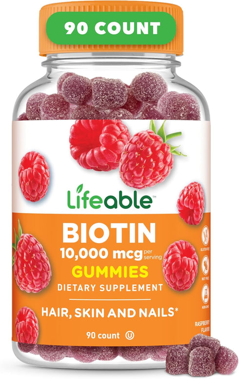 Lifeable Biotin Gummies - 10,000mcg, Great Tasting Hair Skin and Nails Gummies, GMO-Free Vegan Biotin Supplement, 90