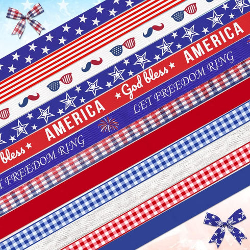 Hying 12 PCS 4th of July Patriotic Ribbons, 3/8" Grosgrain Ribbons Red Blue for Gift Wrapping, Memorial Day Decoration