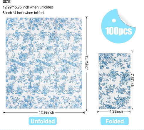YOCHANDA 100 Pack Blue Floral Guest Hand Towels Disposable for Bathroom, Blue Floral Paper Napkins Decorative Spring