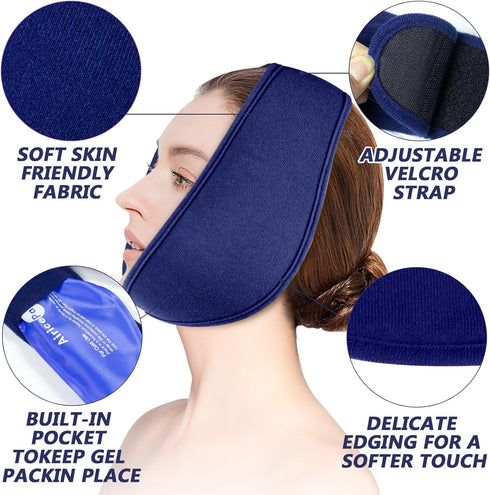 Wisdom Teeth Ice Pack Head Wrap, Blue Face Ice Pack for Oral Surgery Pain Relief with 4 Reusable Cold Therapy Gel Packs