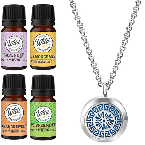 Wild Essentials Greek Key Necklace Essential Oil Diffuser Kit, 12 Refill Pads, Lavender, Lemongrass, Peppermint, Orange