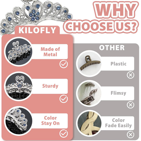 kilofly 3pc Vintage Crystal Hair Claw Clips, Long Thick Hair Metal Clamps