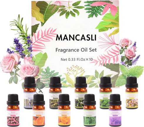 Mancasli Essential Oils Set, 10x10mL Blends & Singles - Peppermint, Lavender, Tea Tree,for