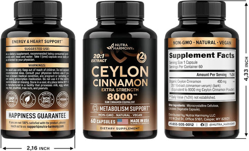 Ceylon Cinnamon Capsules - 8000 mg Extra Strength - Pure Natural Extract 20:1 Supplement for Men & Women - Energy,