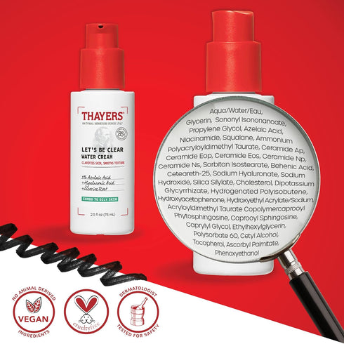 THAYERS Let's Be Clear Water Face Cream, Moisturizer with Azelaic Acid and Hyaluronic Acid, 2.5 Oz