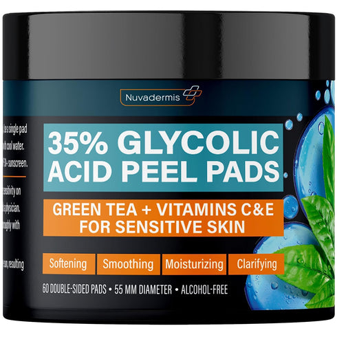 NUVADERMIS 35% Glycolic Acid Exfoliating Facial Peel Pads for Sensitive Skin - 60 Double-Side Pads, Blackheads & Acne