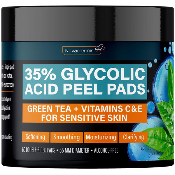 NUVADERMIS 35% Glycolic Acid Exfoliating Facial Peel Pads for Sensitive Skin - 60 Double-Side Pads, Blackheads & Acne