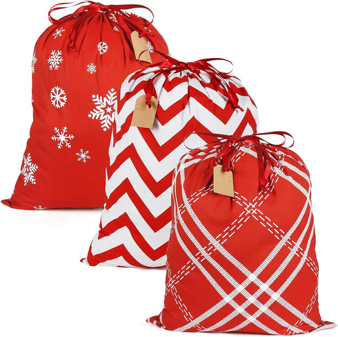 HRX Package 100% Cotton Gift Bags Drawstring, 20x16 inch, 3pcs Christmas Wrapping Sacks for Party Favor