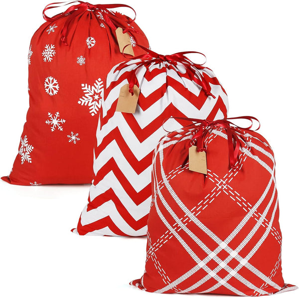 HRX Package 100% Cotton Gift Bags Drawstring, 20x16 inch, 3pcs Christmas Wrapping Sacks for Party Favor