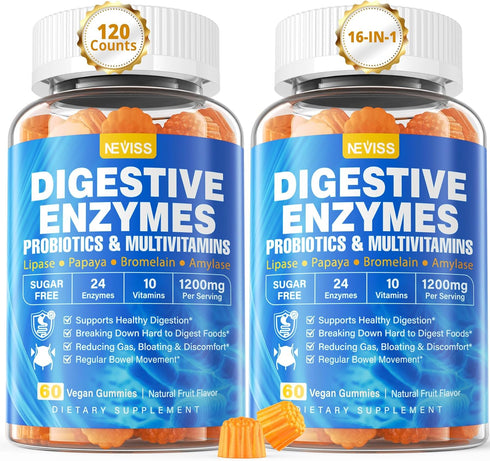 Digestive Enzymes with Probiotic Gummies, 24 Essential Chewable Multi Enzymes - Papaya, Lipase, Amylase, Bromelain, 2