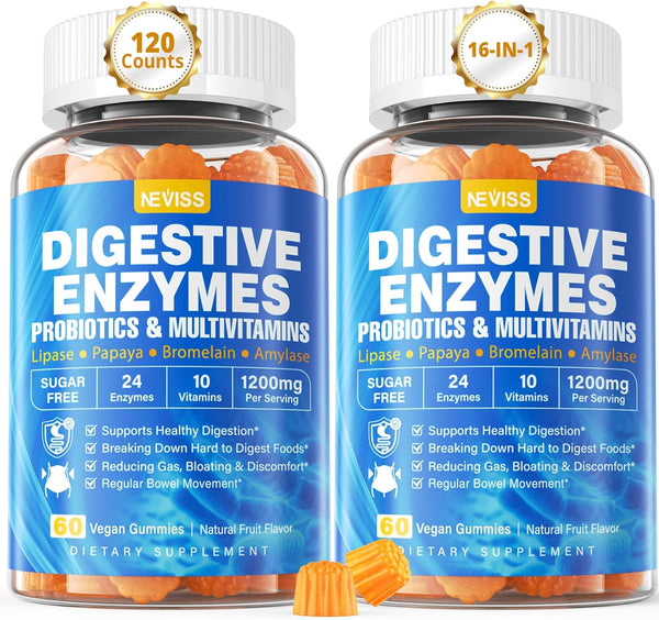 Digestive Enzymes with Probiotic Gummies, 24 Essential Chewable Multi Enzymes - Papaya, Lipase, Amylase, Bromelain, 2