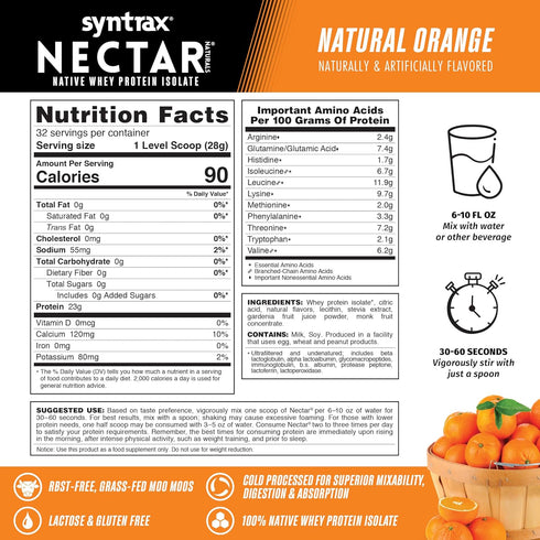 Syntrax Nutrition Nectar Naturals - 100% Whey Isolate Protein Powder, Natural Orange, 2 lbs