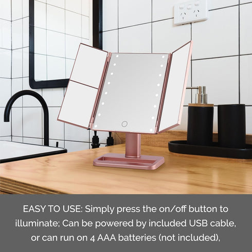 MELANNCO Rose Gold Tri Fold LED Vanity Mirror, 3 Magnifications, Dimmable LED Lights, Touch Control
