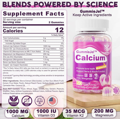 Sugar-Free Calcium Citrate Gummies 1000mg w/Vitamin D3 K2, Magnesium, Zinc, Boron, Manganese, Copper for Bone, Muscle & Immune, Ultimate Absorption Calcium Supplement for Women & Men - Vegan, 60 Count