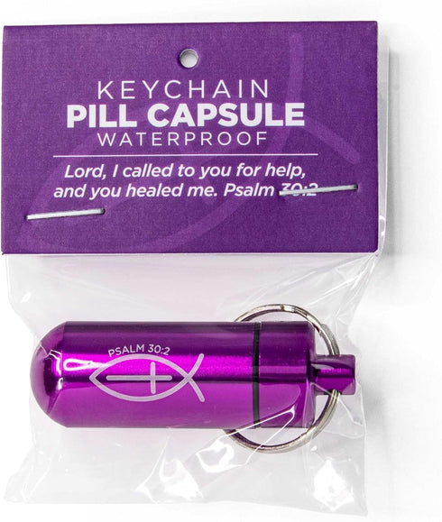 Purple Pill Case Keychain, Waterproof Metal Travel Container for Medicine Storage, Small Organizer with Christian Fish