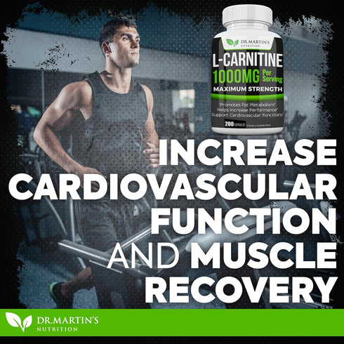 DR. MARTIN'S NUTRITION Extra Strength L-Carnitine - 200 Capsules - 1000mg Per Serving - Increase Performance & Boost