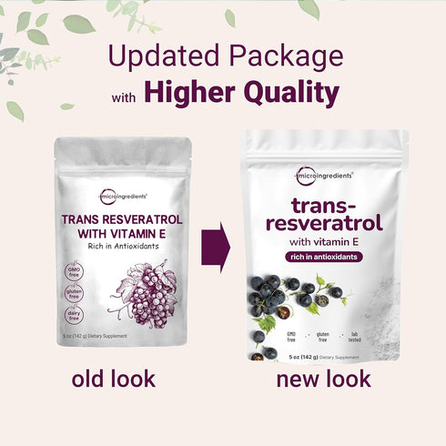 Pure Trans-Resveratrol Powder with Vitamin E, 5 Ounce, Micronized for Better Absorption, Premium Supplement