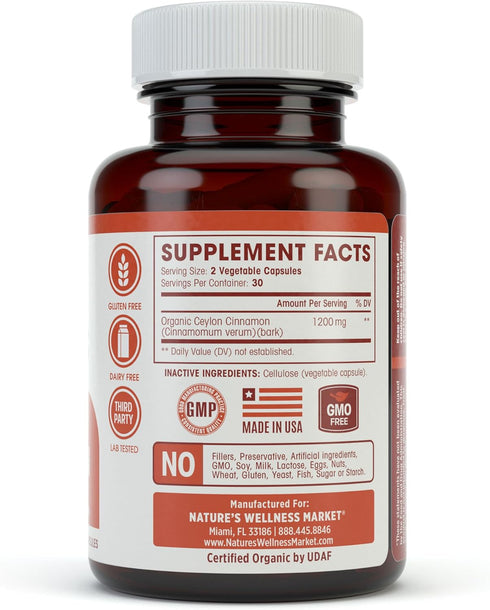 Natures Wellness Organic Ceylon Cinnamon - 1200 mg Antioxidant for Joint Health and Mobility - Non-GMO, 60 Veg Capsules