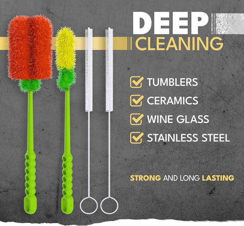 Long Bottle Brush Cleaner Set (3-in-1) & Straw Brushes - Thick and Thin Dish Brush Set for Washing Baby Bottles, Mugs