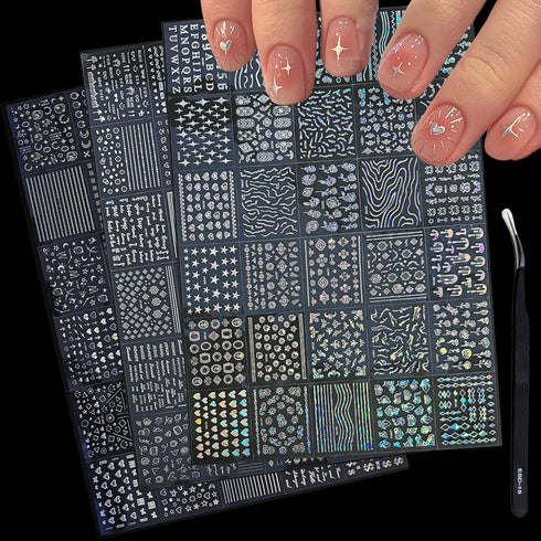 90 Sheets Silver Nail Art Stickers, Holographic Laser 3D Self Adhesive Designs for Nail Decoration with Tweezer