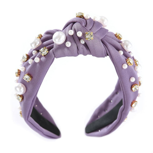 Pearl Knotted Women Headband Sparkle Rhinestone Jeweled Headband Wide Knot Crystal Embellished Hairband Fashion Women's Hair Accessories Purple