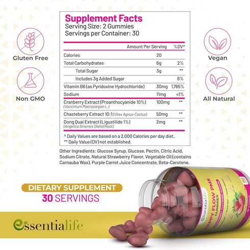 Gummies B6 (120 Count) PMS - Happy Flow PMS Support Supplement for Women - Strawberry PMS Relief Supplement
