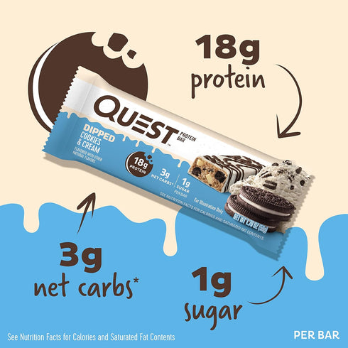Quest Nutrition Dipped Chocolate Cookies & Cream Protein Bars, High Protein, Low Carb, Gluten Free, 12 Count