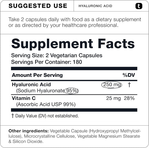 Ultra High Purity Hyaluronic Acid Capsules - 275mg Formula, 360 Capsules, Non-GMO with Vitamin C