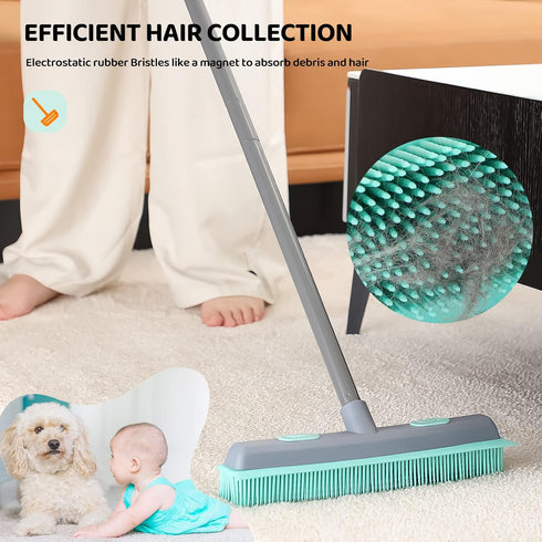 Conliwell Rubber Broom Carpet Rake for Pet Hair, Portable Detailing Lint Remover Brush with Squeegee
