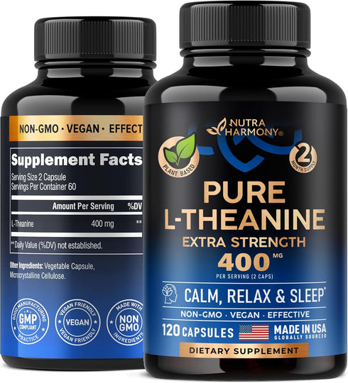 L Theanine 400 mg - Extra Strength Supplement for Stress Relief, Relaxation, Sleep & Calm Support - Made in USA, Plant