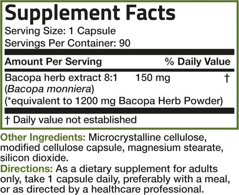 Bronson Bacopa | 1200mg Equivalent from 8:1 Extract | 90 Vegetarian Capsules - Supports Healthy Brain Function