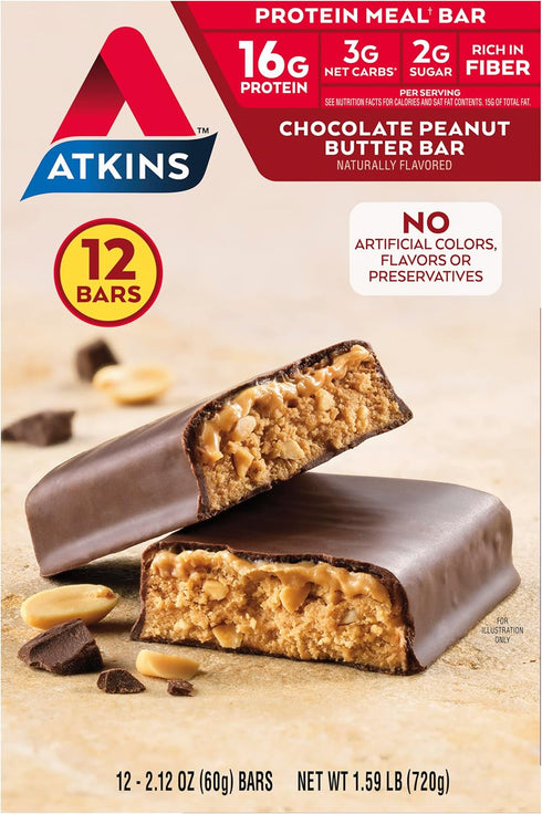 Atkins Chocolate Peanut Butter Protein Meal Bar, 12 Count, 16g Protein, Low Carb, 2g Sugar, Keto Friendly, High Fiber,