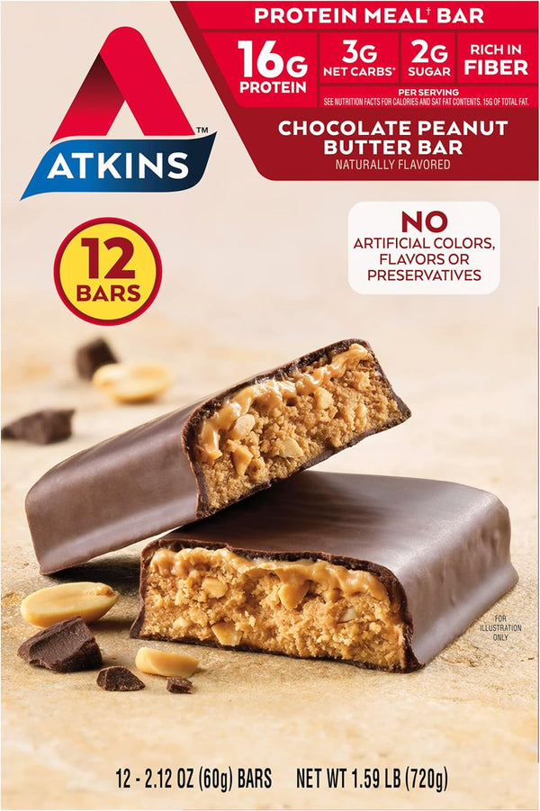 Atkins Chocolate Peanut Butter Protein Meal Bar, 12 Count, 16g Protein, Low Carb, 2g Sugar, Keto Friendly, High Fiber,