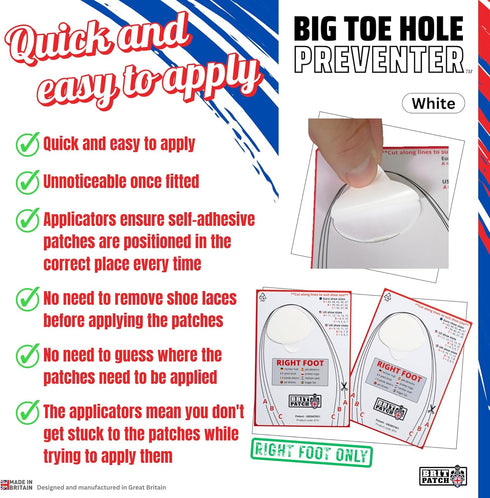 Trainer Armour Big Toe Hole Preventer, self-Adhesive Patches with a Clever applicator - Shoe Toe Hole Area Repair Patch
