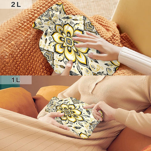 miaozhen 2L Tummy Paisley Flower Dark Black Yellow Gold Water Bottle for hot Water with Soft Cover Warmer Bag