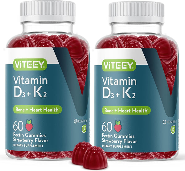 Vitamin D3 K2 Gummies - 1000 IU Vitamin D3 and K2 100mcg - Vegetarian, Gelatin Free, Tasty Chewable Strawberry Flavored