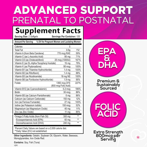 Women's Prenatal Multivitamin with Folic Acid + DHA, Prenatal Vitamin Supplement for Fetal Support w/ Folate, Omega 3, Vitamins D3, B6, B12 & Iron, Pregnancy Prenatal DHA, Non-GMO - 240 Softgels