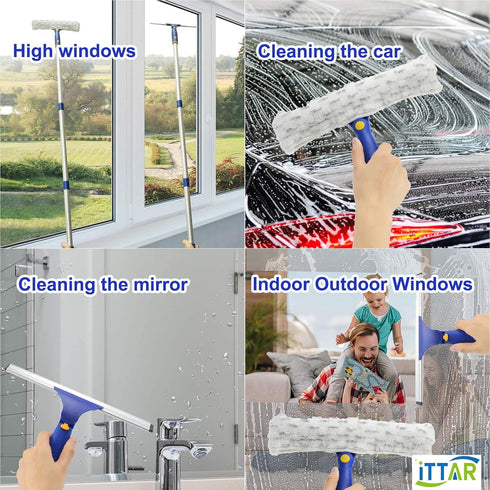 ITTAR Window Cleaner Squeegee, Rotatable Squeegee and Microfiber Scrubber, Extendable Stainless Steel Pole