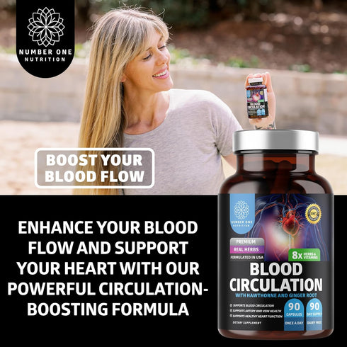 Premium Blood Circulation Supplement for Women and Men, All Natural Blood Flow Support with 8 Powerful Herbs, 90 Caps
