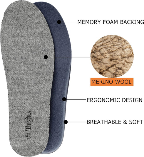 Thick Merino Wool Insoles for Women - Memory Foam Cushion Comfort Warm Sheepskin Insoles for Winter Boots