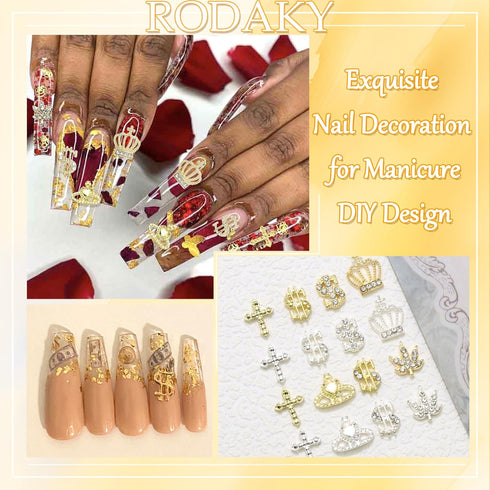 RODAKY 46PCS Dollar Nail Charms - Gold 3D Crown Nail Jewelry with Crystal Rhinestone for Luxury Nail Decoration